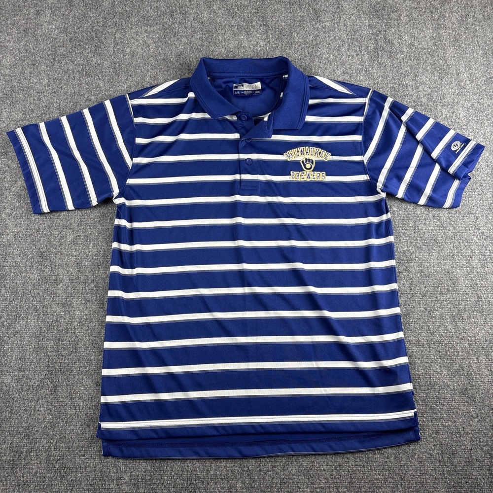 MLB Milwaukee Brewers Polo Shirt Men's Large Blue White Striped True Fan